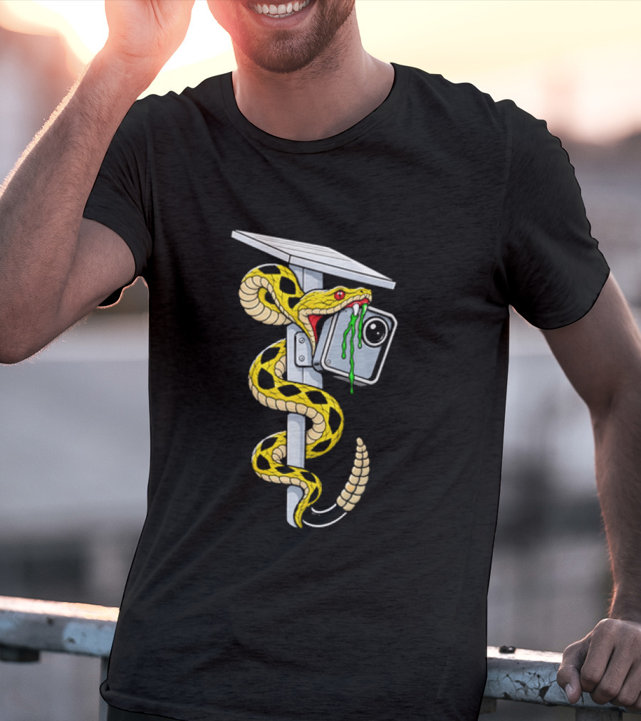 Cartoon Yellow Rattlesnake Biting Security Camera Solar Panel Pole Dripping Venom T-Shirt