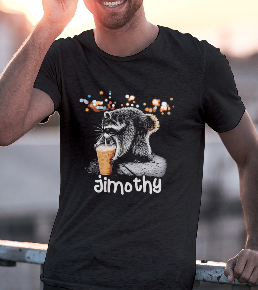 Jimothy Raccoon Sipping Iced Coffee Under Streetlights T-Shirt