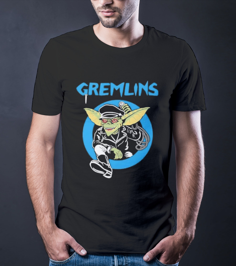 Gremlins Cartoon Leather Biker Gizmo Blue Circle T-Shirt