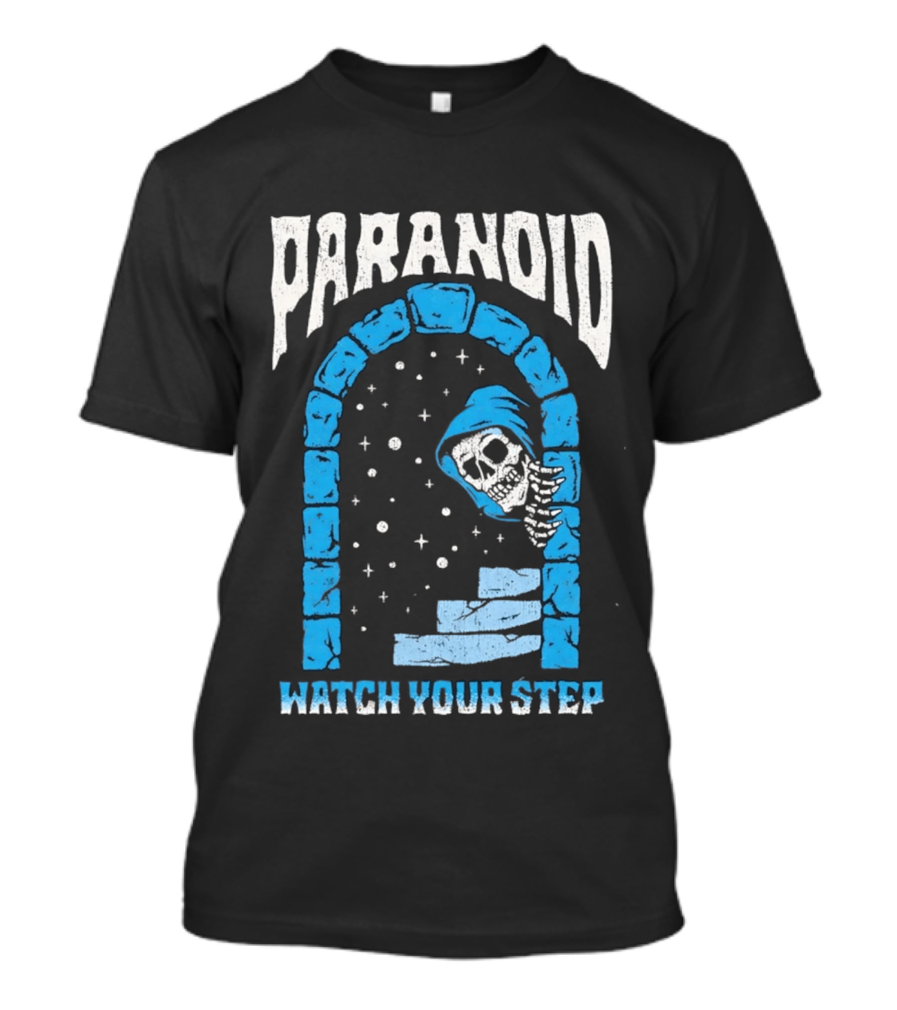 Paranoid Skeleton Peeking Stone Archway Your Step T-Shirt