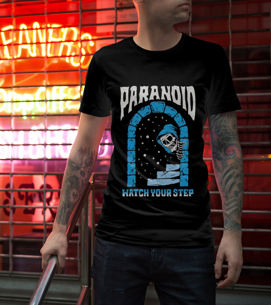 Paranoid Skeleton Peeking Stone Archway Your Step T-Shirt