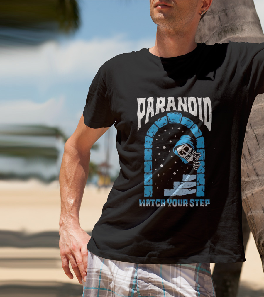 Paranoid Skeleton Peeking Stone Archway Your Step T-Shirt
