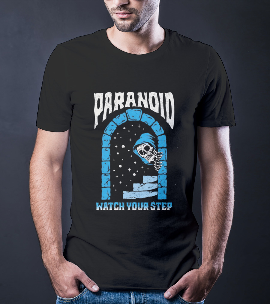 Paranoid Skeleton Peeking Stone Archway Your Step T-Shirt