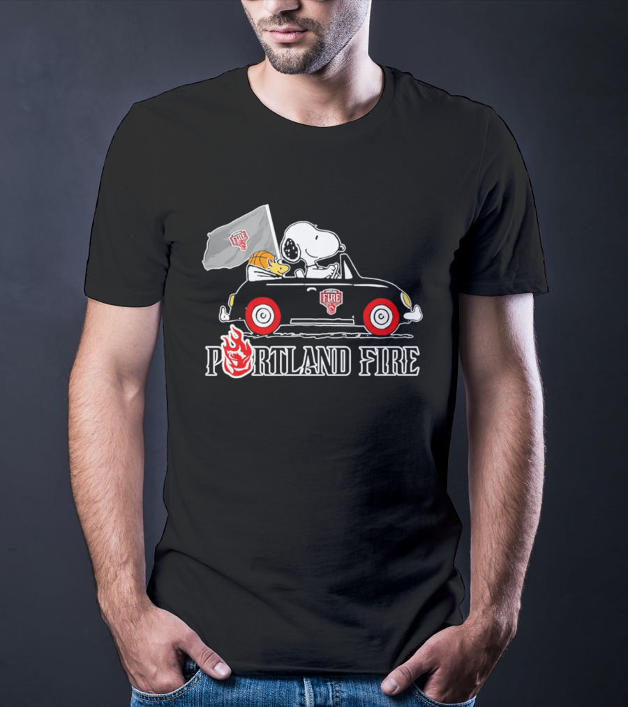 Portland Fire Snoopy And Woodstock Driving Vintage Car With Flag T-Shirt