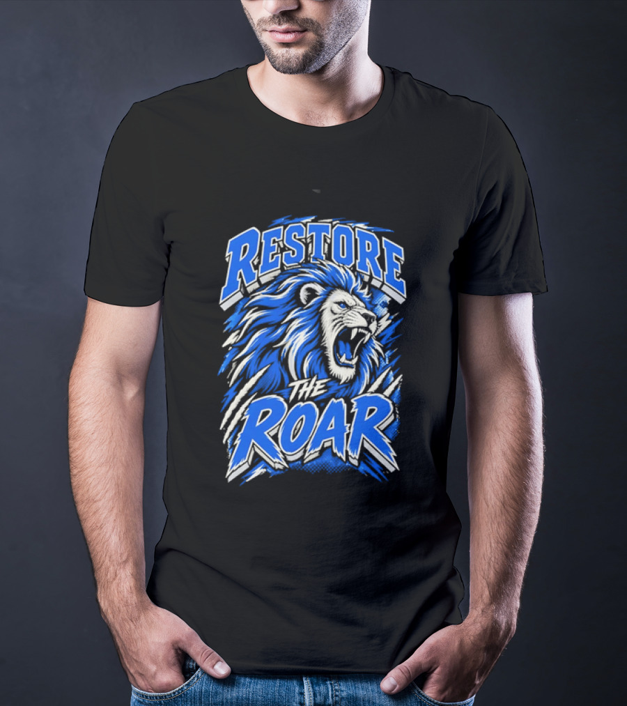 Restore The Roar Blue Lion Head With Halftone Scratch Marks T-Shirt