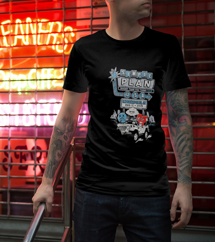 Simple Plan Indianapolis IN 2026 Bigger Than You Think Tour August 11 White River State Park USA Classic Car And Happy Heart T-Shirt
