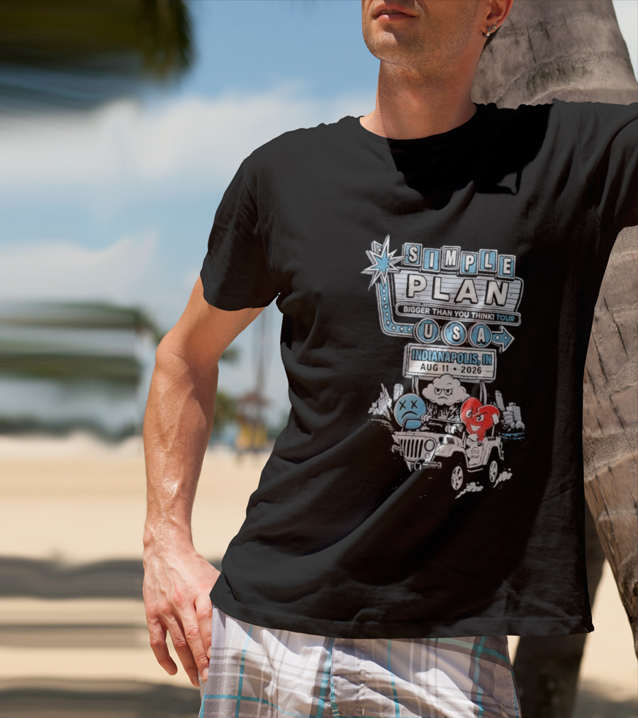 Simple Plan Indianapolis IN 2026 Bigger Than You Think Tour August 11 White River State Park USA Classic Car And Happy Heart T-Shirt