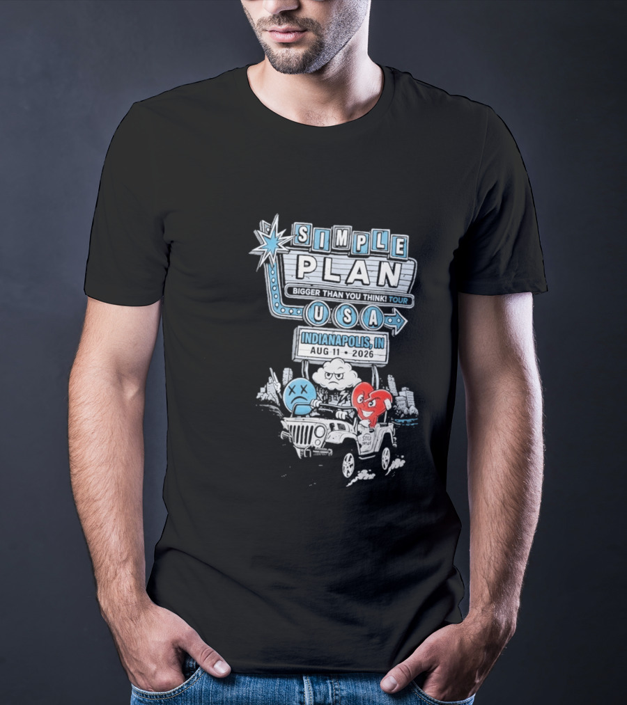 Simple Plan Indianapolis IN 2026 Bigger Than You Think Tour August 11 White River State Park USA Classic Car And Happy Heart T-Shirt