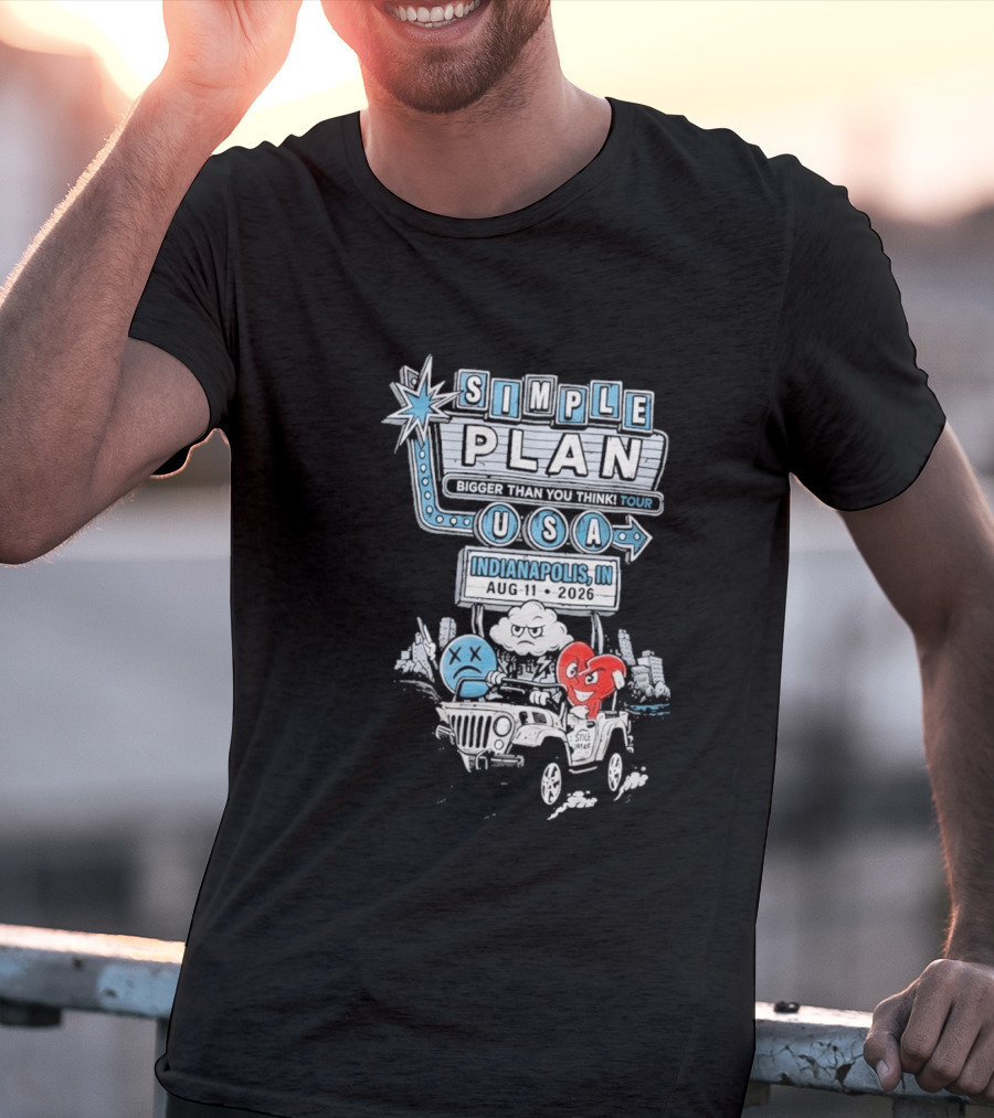 Simple Plan Indianapolis IN 2026 Bigger Than You Think Tour August 11 White River State Park USA Classic Car And Happy Heart T-Shirt