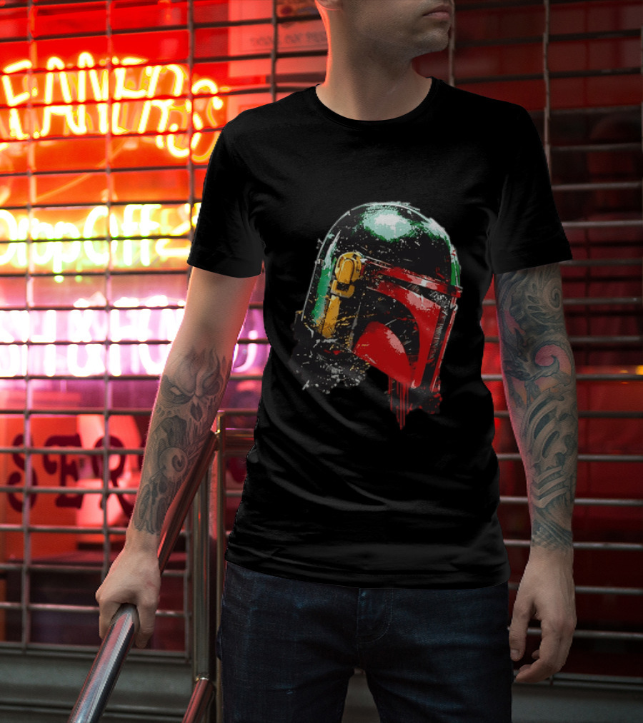 Star Wars Boba Fett Helmet Distressed Paint Splatter Drip T-Shirt