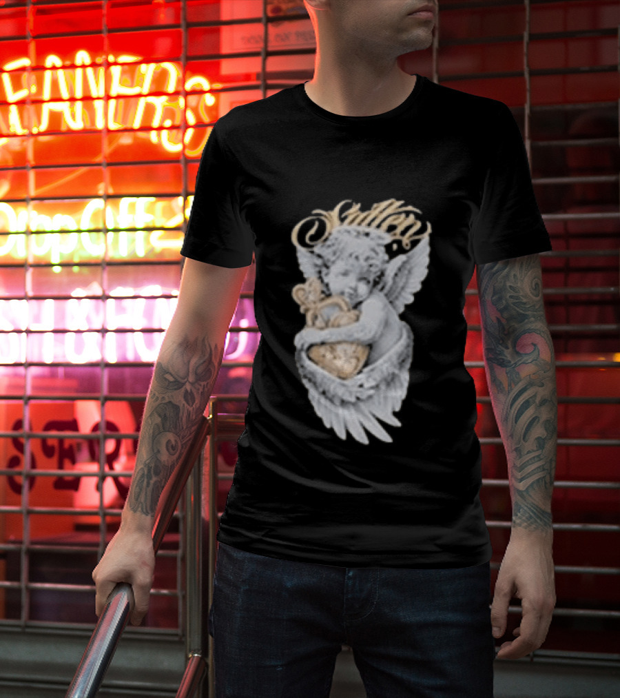 Sullen Heavenly Angel Embracing Heart T-Shirt