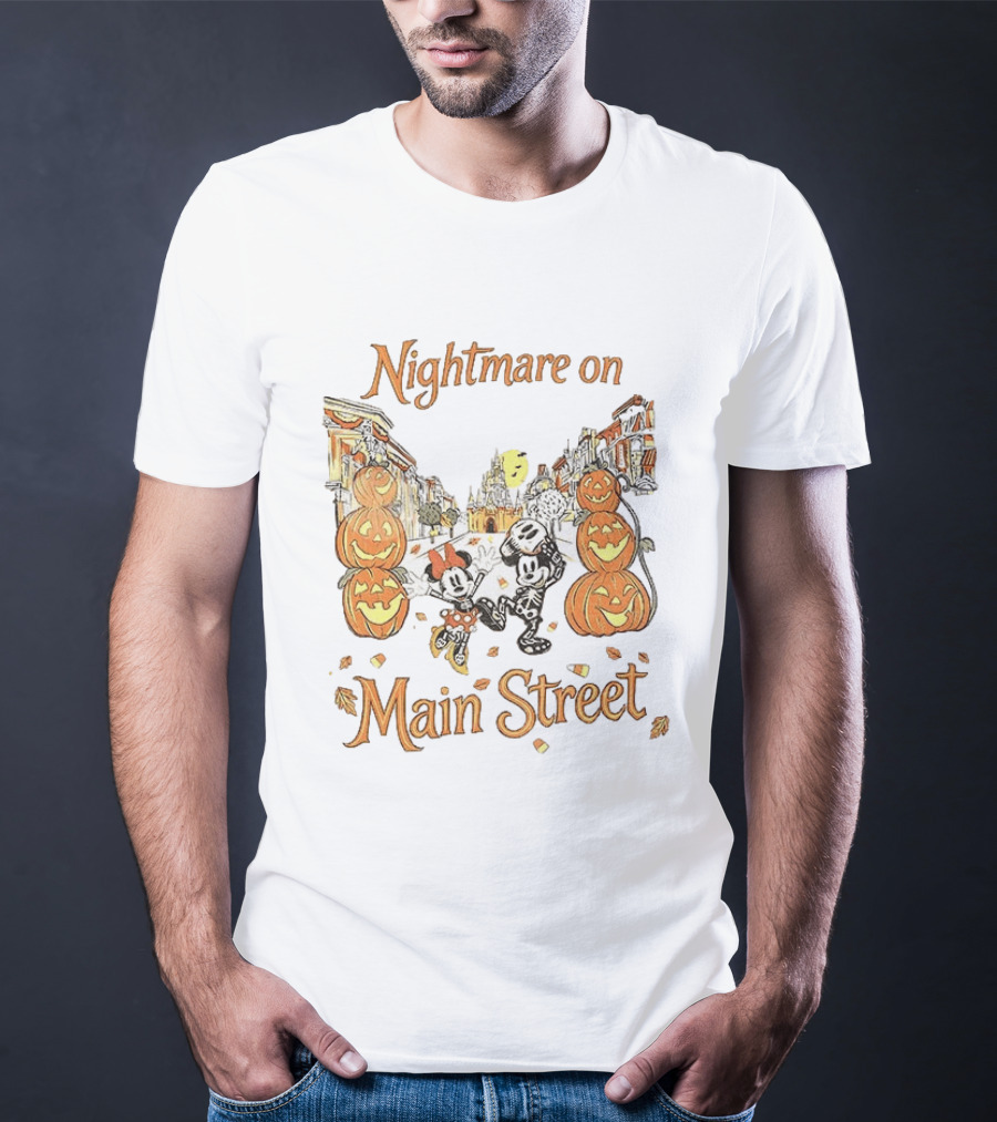 Disney Mickey And Minnie Mouse Halloween Nightmare On Main Street Pumpkins Autumn Fall T-Shirt