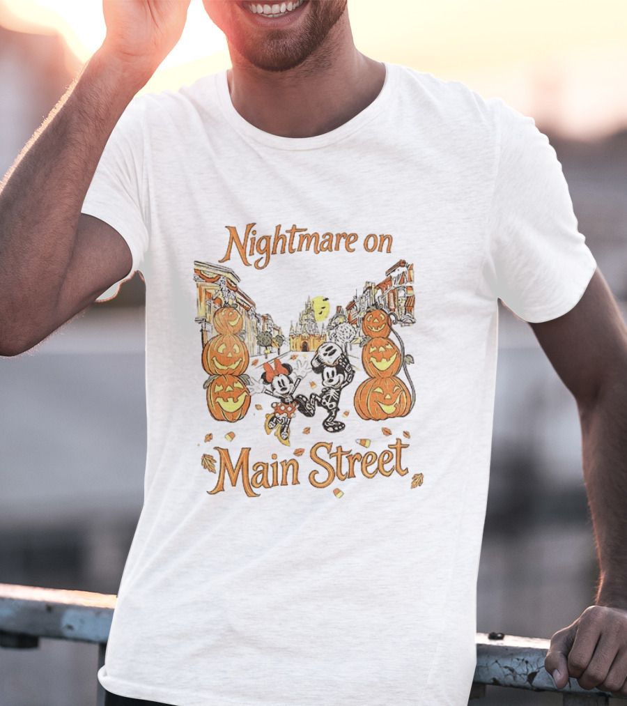 Disney Mickey And Minnie Mouse Halloween Nightmare On Main Street Pumpkins Autumn Fall T-Shirt