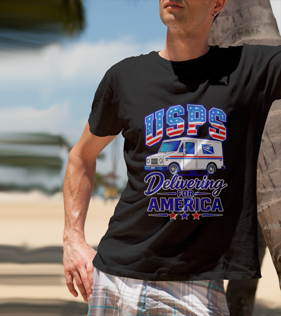 USPS Delivering For America Mail Truck Patriotic Stars And Stripes T-Shirt