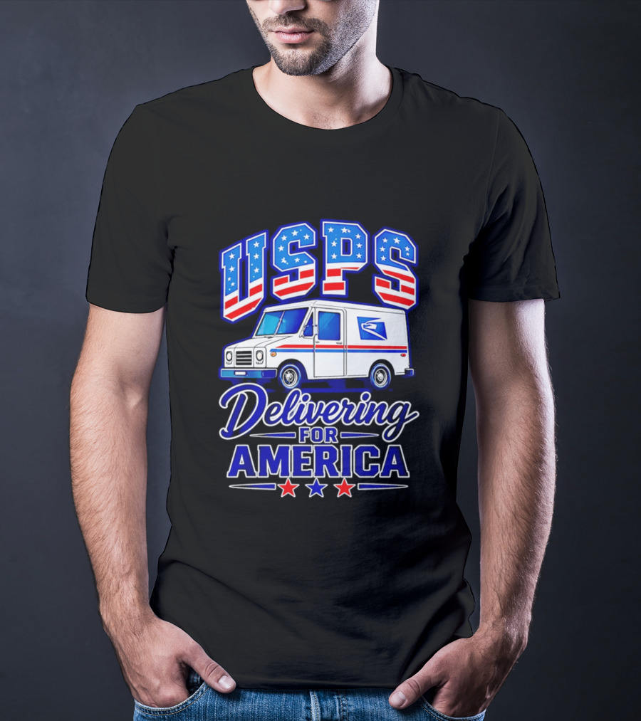 USPS Delivering For America Mail Truck Patriotic Stars And Stripes T-Shirt