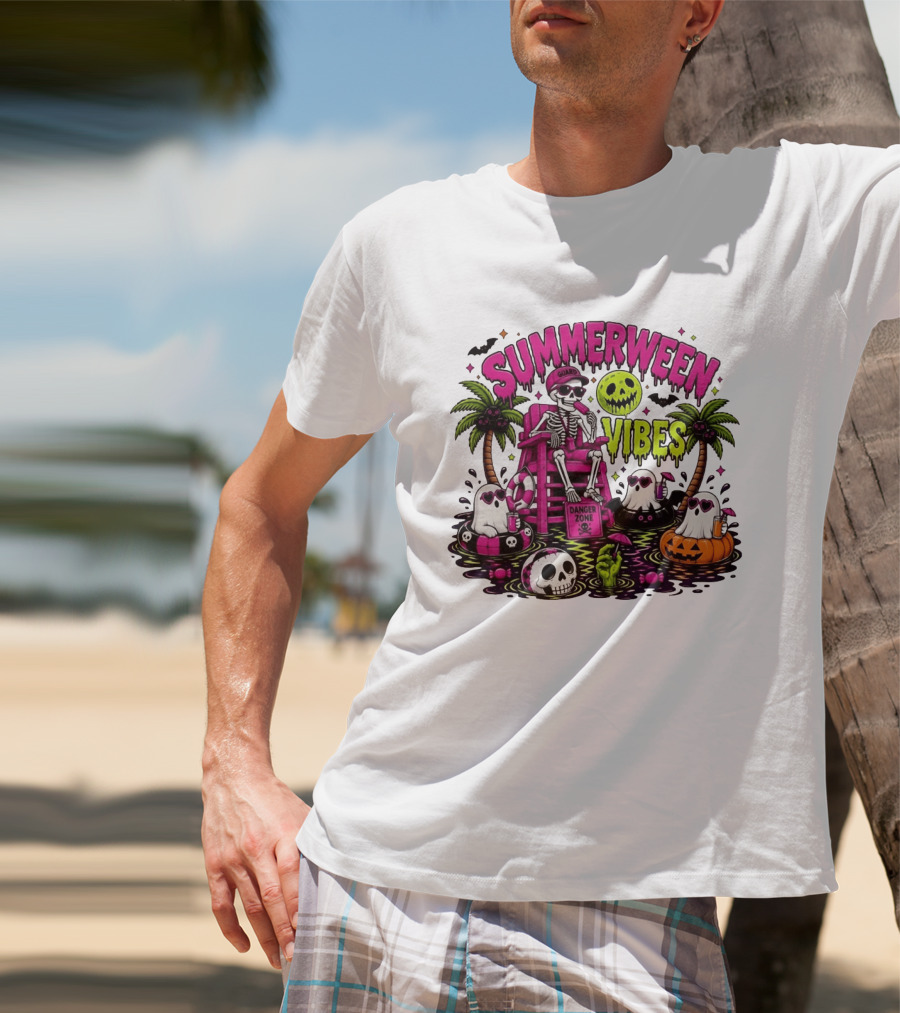 Summerween Vibes Halloween Skeleton Beach Party 2026 T-Shirt