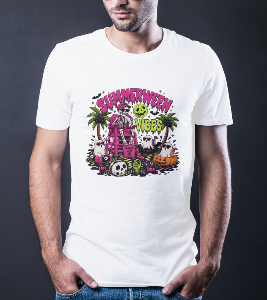 Summerween Vibes Halloween Skeleton Beach Party 2026 T-Shirt