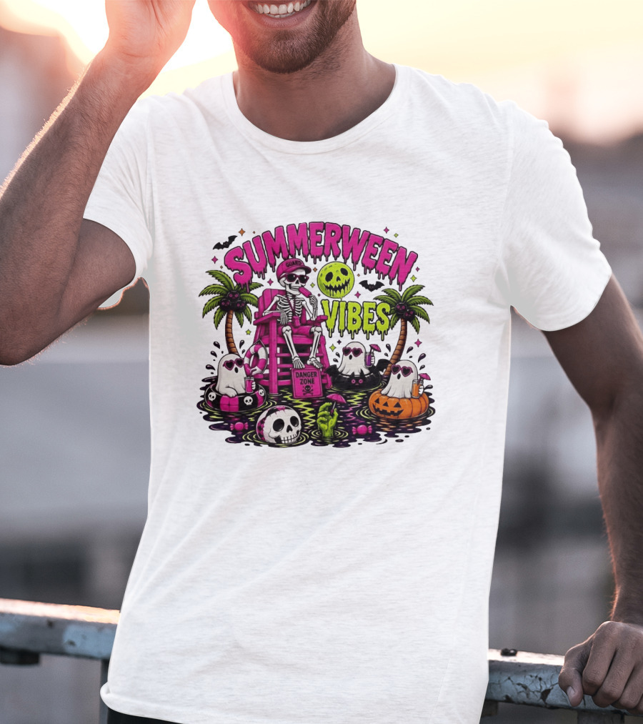 Summerween Vibes Halloween Skeleton Beach Party 2026 T-Shirt