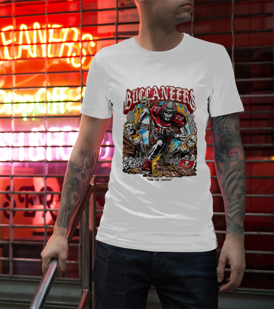 Buccaneers Fire The Cannons Skeleton Football T-Shirt