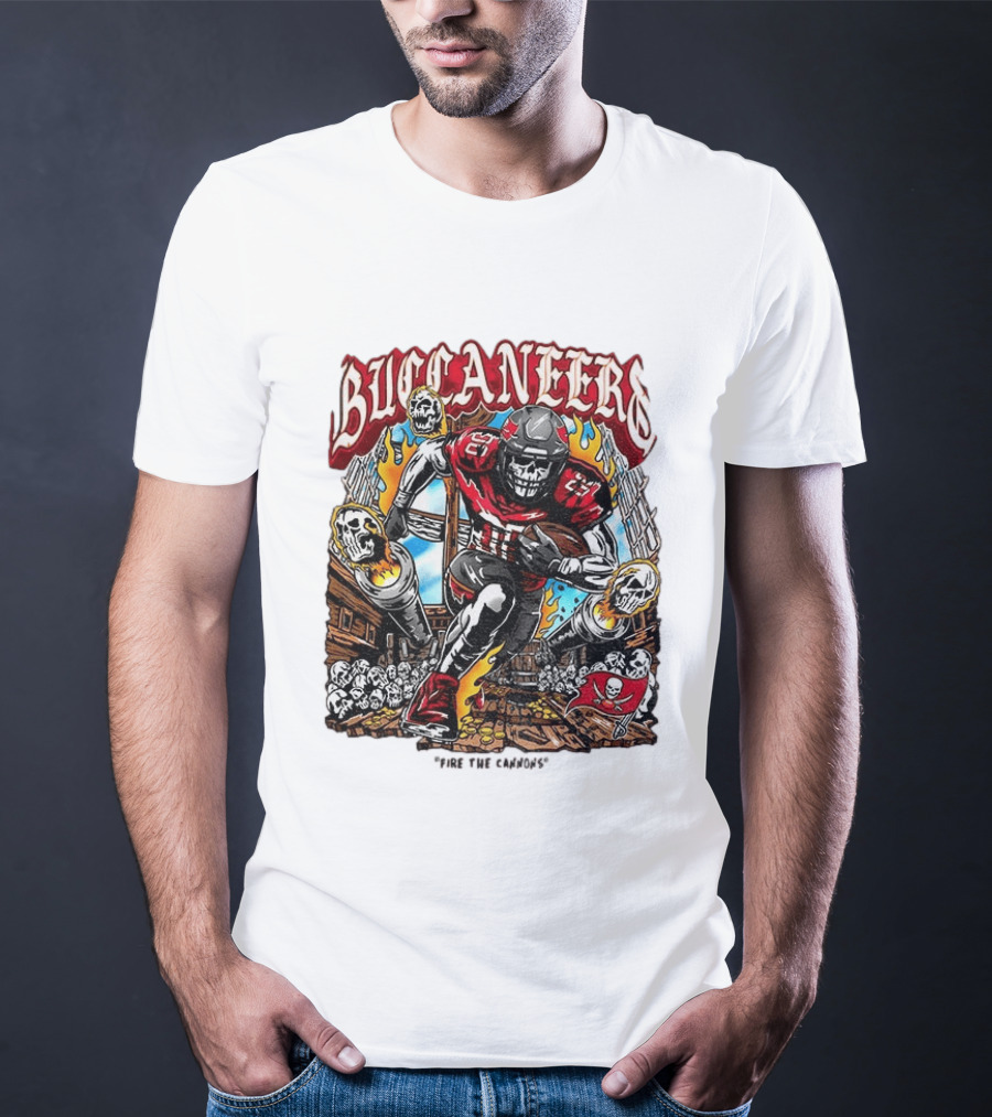 Buccaneers Fire The Cannons Skeleton Football T-Shirt