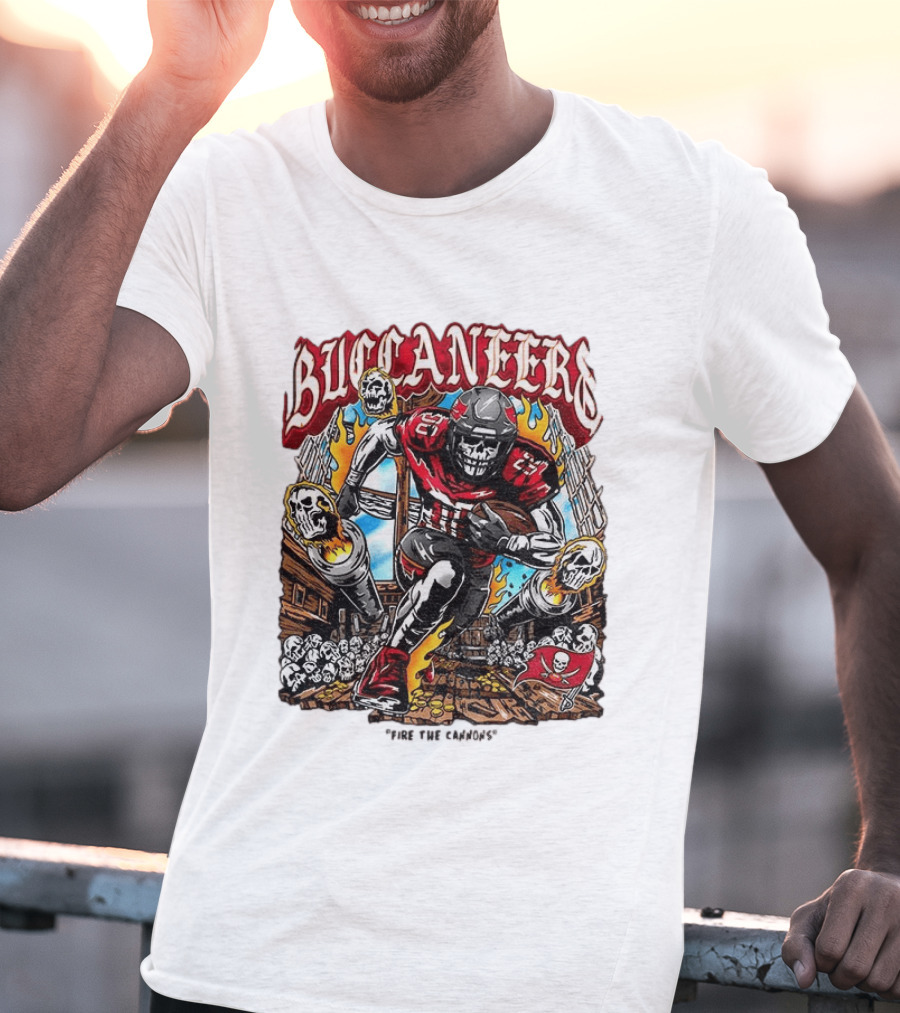 Buccaneers Fire The Cannons Skeleton Football T-Shirt