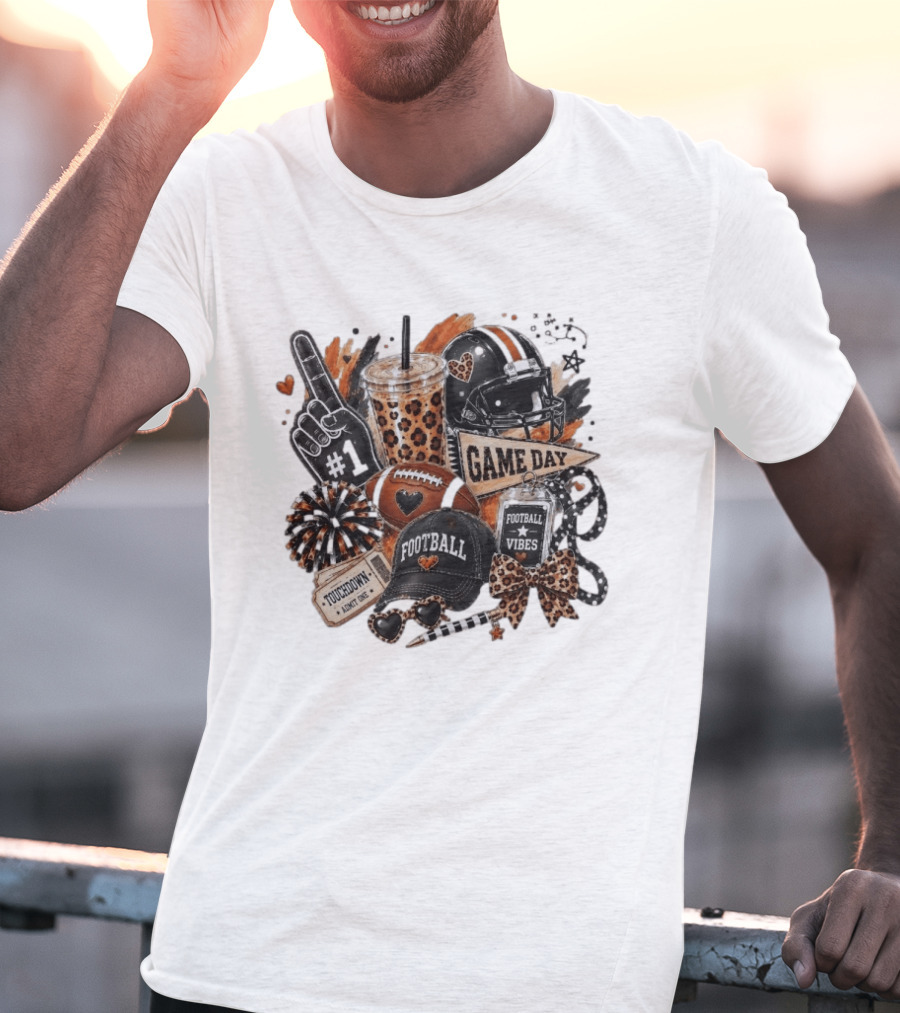 Leopard Game Day Football Touchdown Vibes #1 Fan Helmet Pom Pom Bow T-Shirt