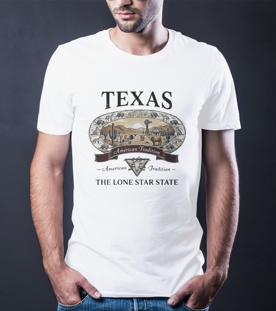 Texas American Tradition The Lone Star State Armadillo Longhorn Desert Scene T-Shirt