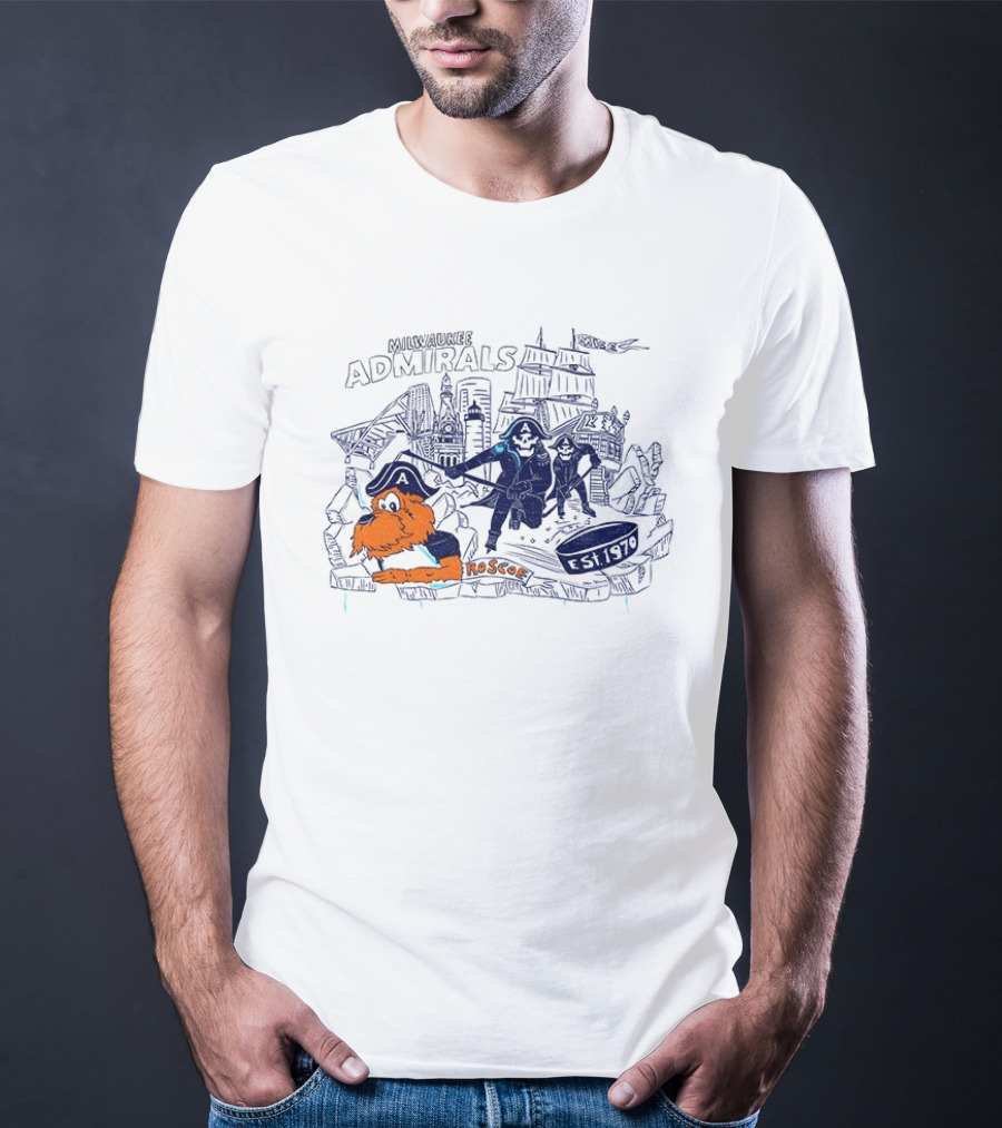 Milwaukee Admirals Roscoe Est 1970 Hockey Mascot And Cityscape T-Shirt