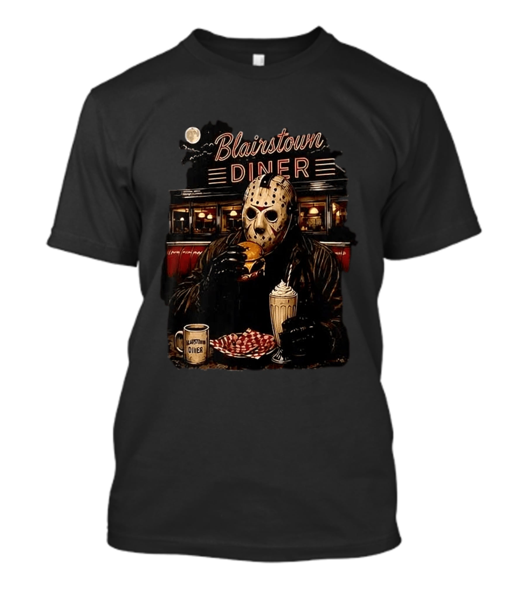 Blairstown Diner Killer Food Killer Coffee Halloween 1949 Masked Character Eating Burger And Milkshake T-Shirt
