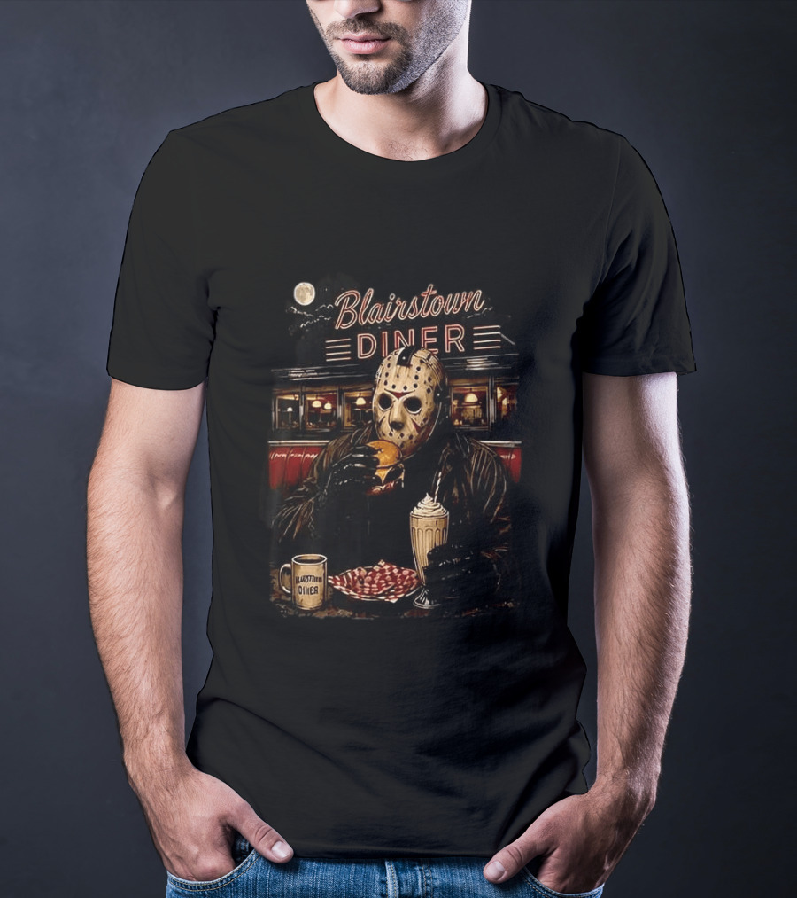Blairstown Diner Killer Food Killer Coffee Halloween 1949 Masked Character Eating Burger And Milkshake T-Shirt