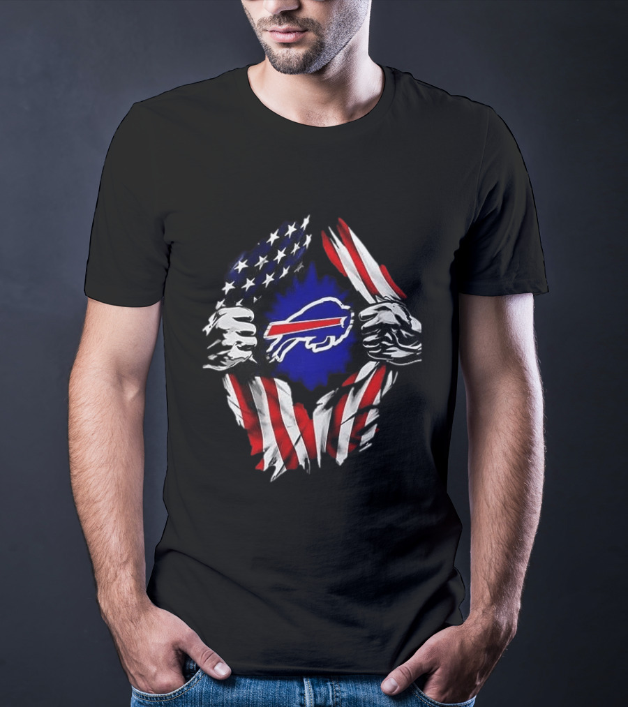 Buffalo Bills Superman Skull Cap Backwards American Flag Rip T-Shirt