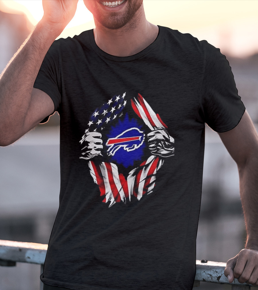 Buffalo Bills Superman Skull Cap Backwards American Flag Rip T-Shirt
