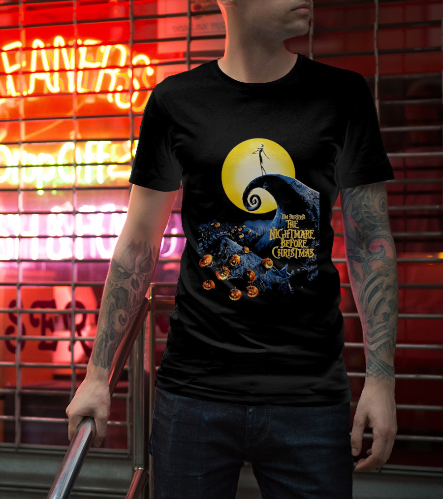 Tim Burton's The Nightmare Before Christmas Jack Skellington Moon Scene With Pumpkins T-Shirt