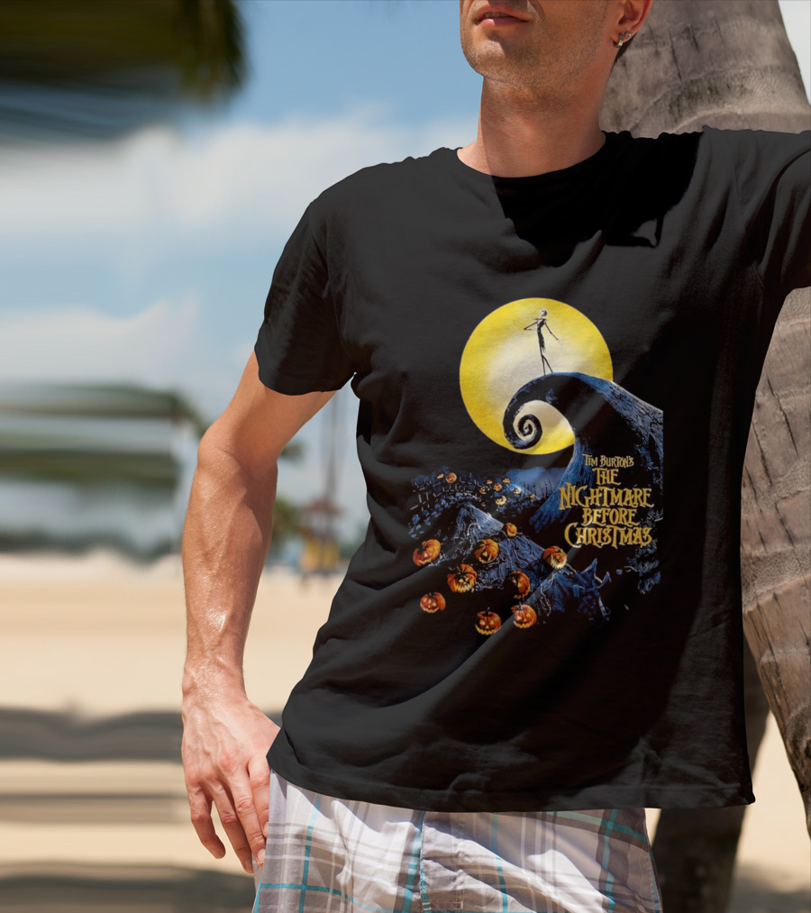 Tim Burton's The Nightmare Before Christmas Jack Skellington Moon Scene With Pumpkins T-Shirt
