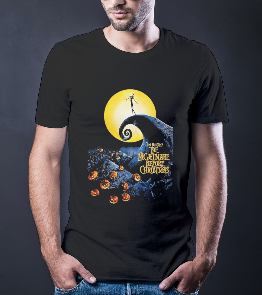Tim Burton's The Nightmare Before Christmas Jack Skellington Moon Scene With Pumpkins T-Shirt