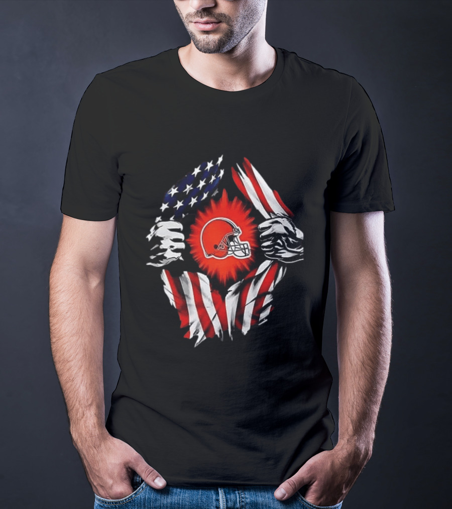 Cleveland Browns Super Man Skull Cap Backwards American Flag Ripped T-Shirt