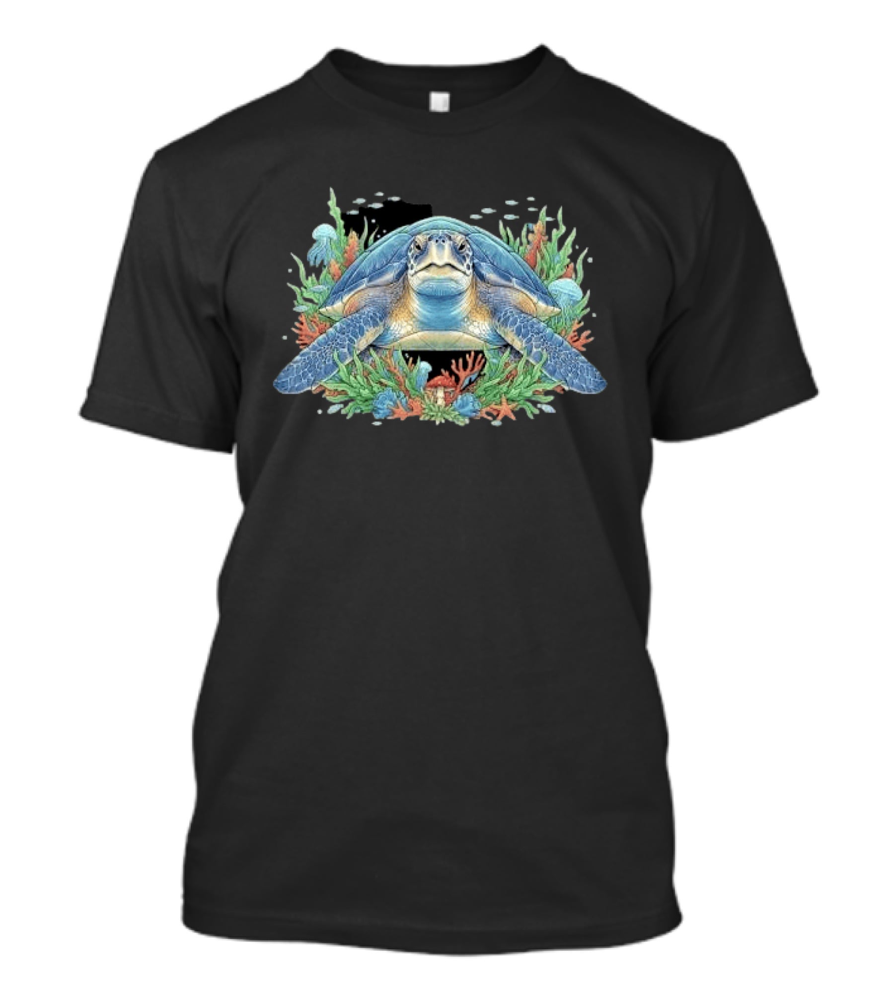Sea Turtle With Coral Reef Red Mushroom And Starfish Underwater Scene T-Shirt