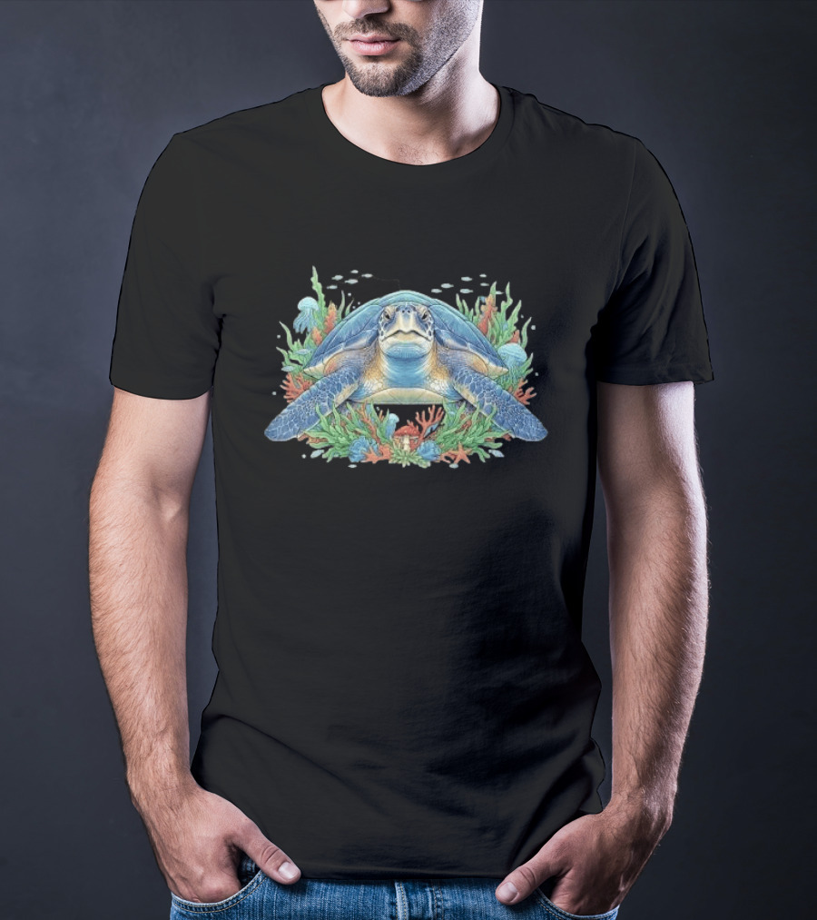 Sea Turtle With Coral Reef Red Mushroom And Starfish Underwater Scene T-Shirt