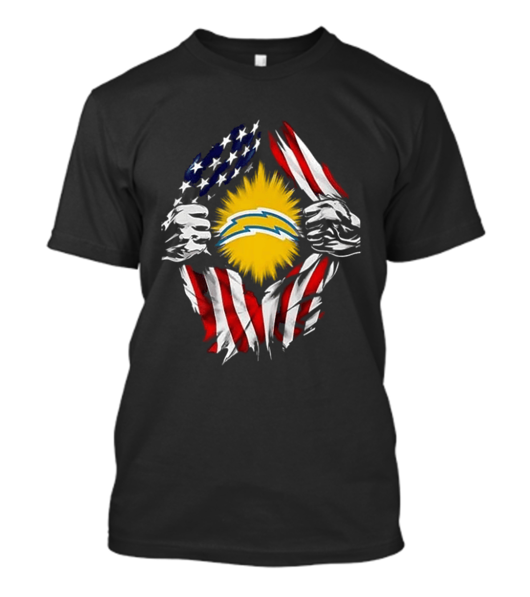 Los Angeles Chargers Superman Skull Cap Backwards USA Flag Power T-Shirt