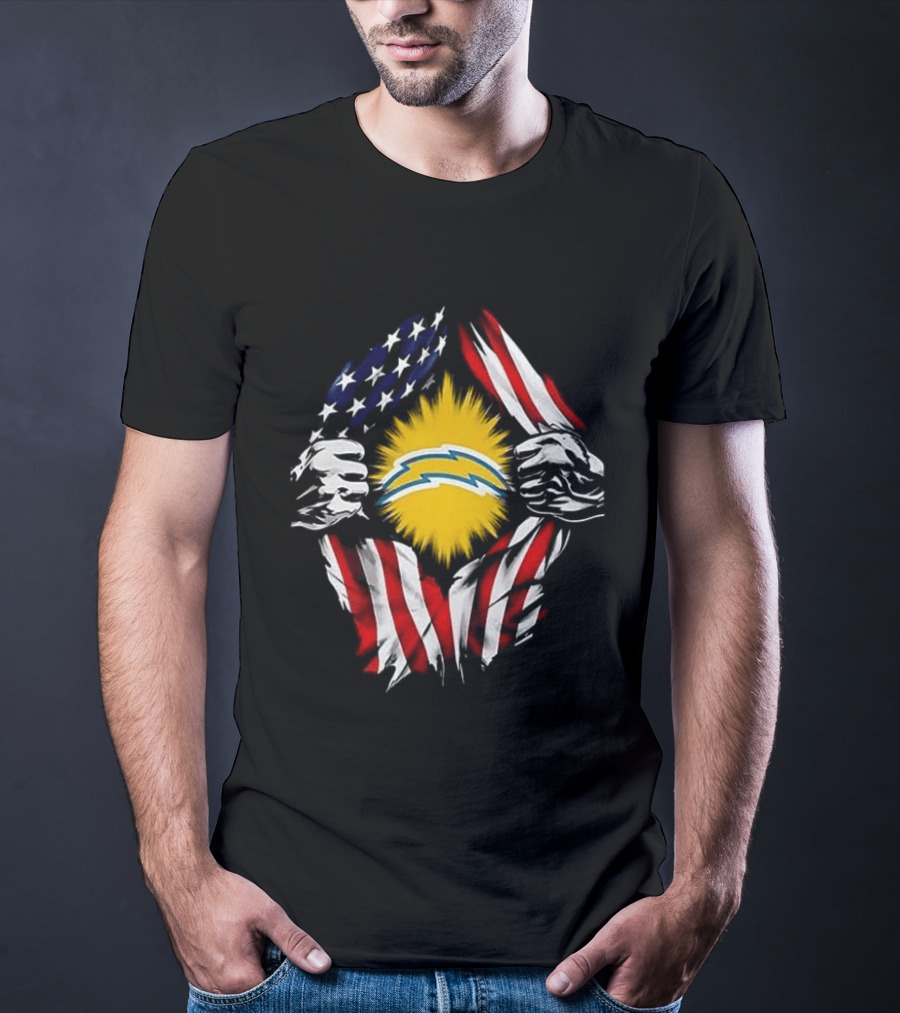 Los Angeles Chargers Superman Skull Cap Backwards USA Flag Power T-Shirt
