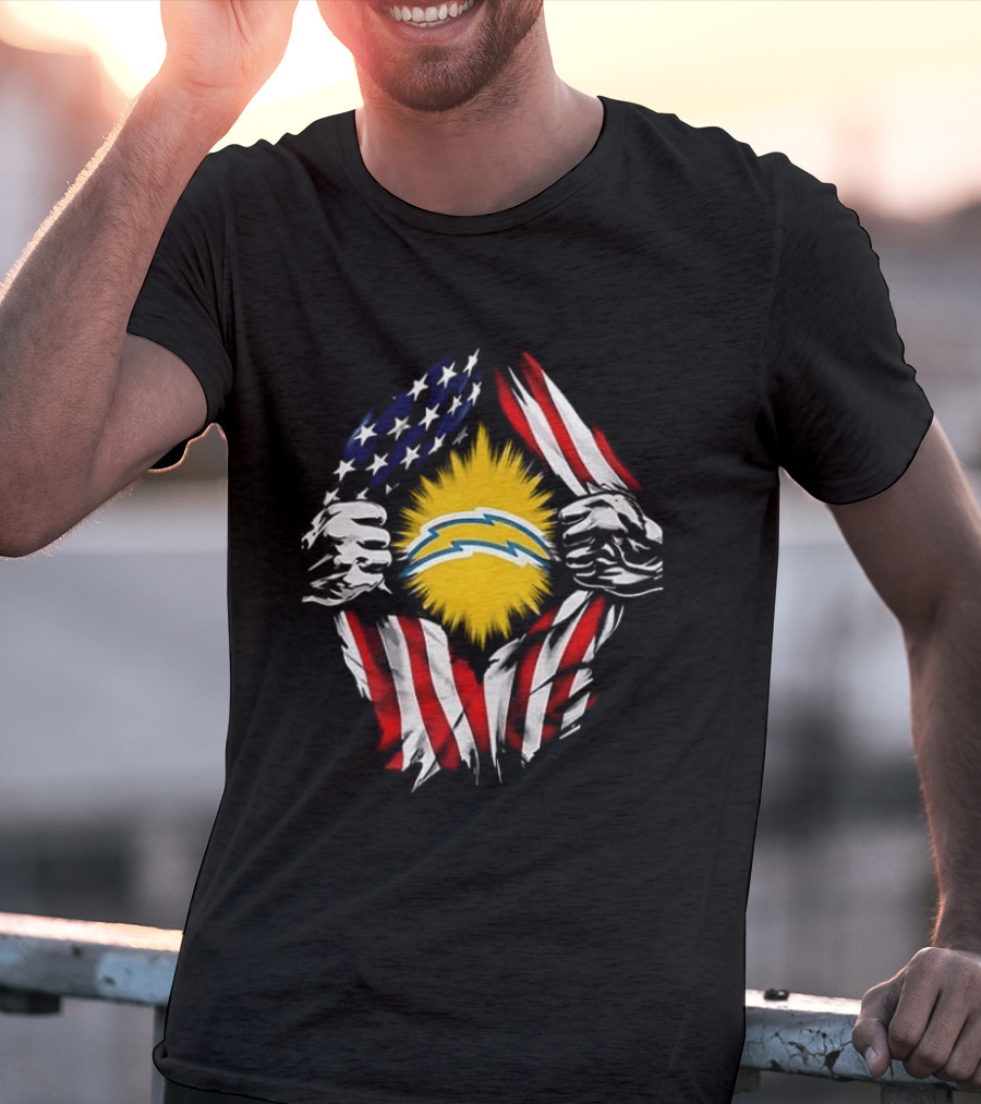 Los Angeles Chargers Superman Skull Cap Backwards USA Flag Power T-Shirt