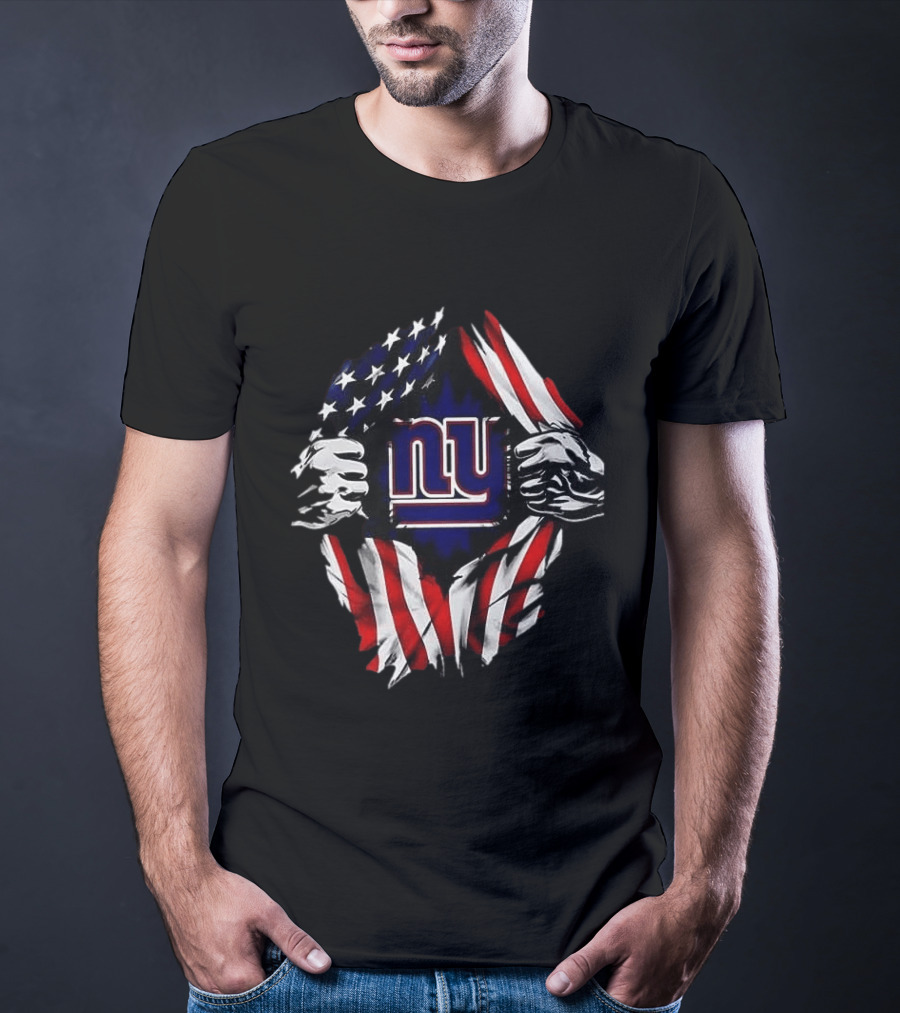 New York Giants American Flag Rip Super Man X Skull Cap Backwards T-Shirt