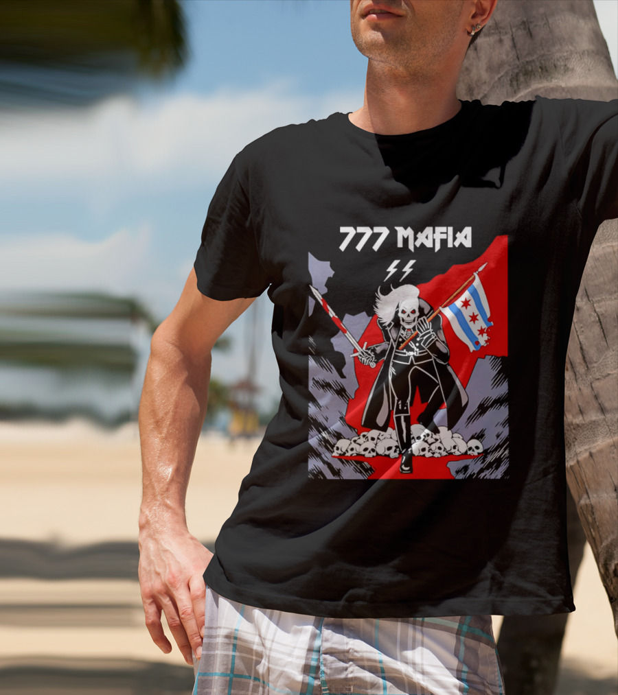777 Mafia Chicago Flag Skeleton Skull T-Shirt