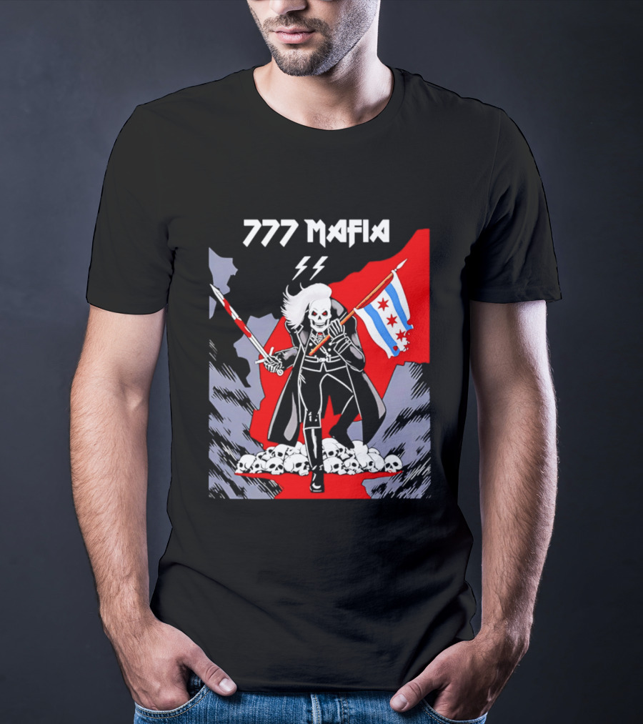 777 Mafia Chicago Flag Skeleton Skull T-Shirt