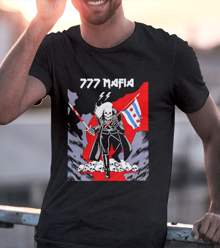 777 Mafia Chicago Flag Skeleton Skull T-Shirt