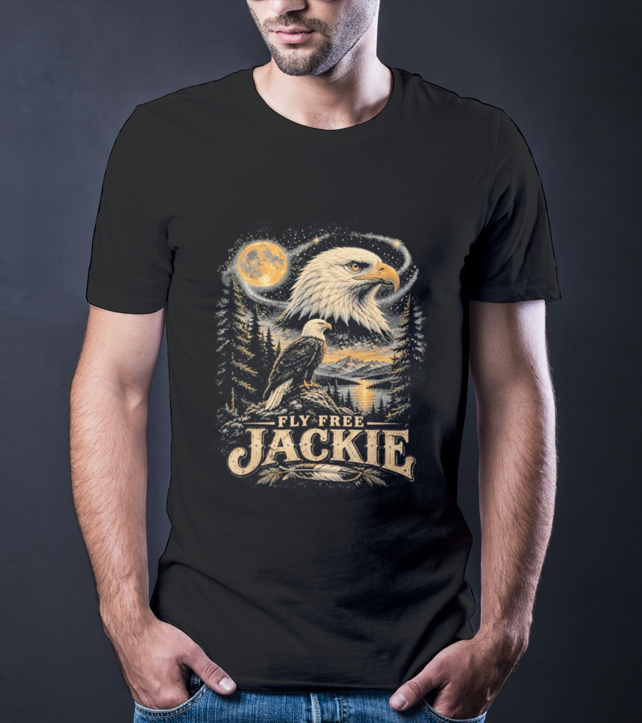 Fly Free Jackie Bald Eagle Scenic Tribute Moonlit Forest Landscape T-Shirt