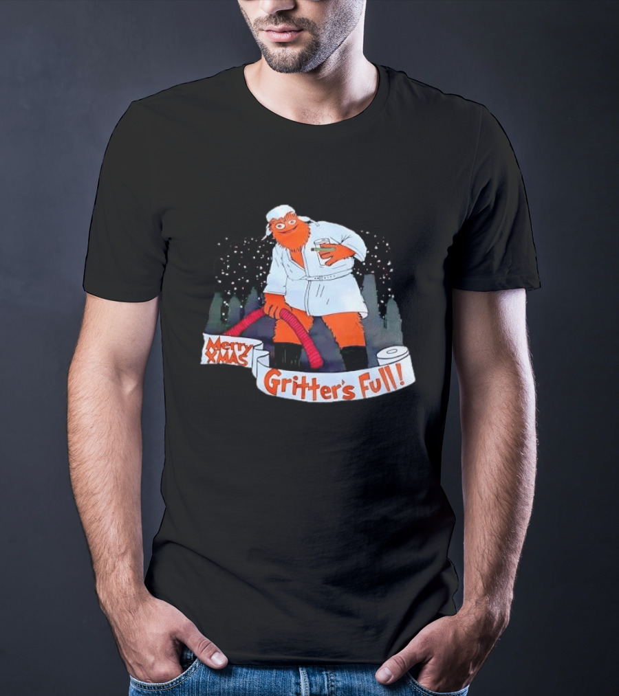 Merry Xmas Gritters Full Cartoon Orange Bathrobe Holding Hose T-Shirt