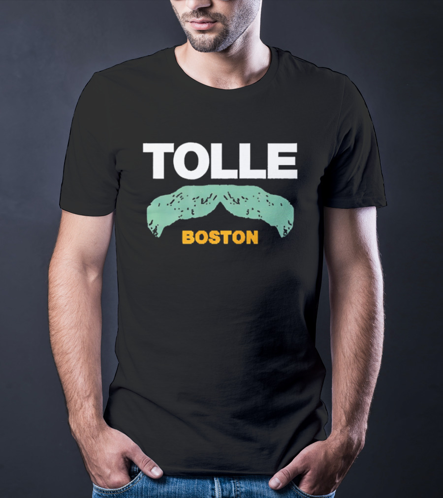 Tolle Boston White And Yellow Distressed Green Mustache T-Shirt