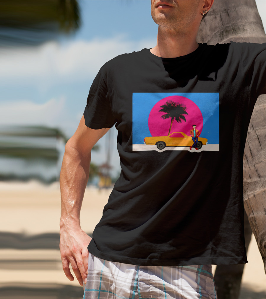 Yellow Car Palm Tree Retro Sunset Aesthetic T-Shirt