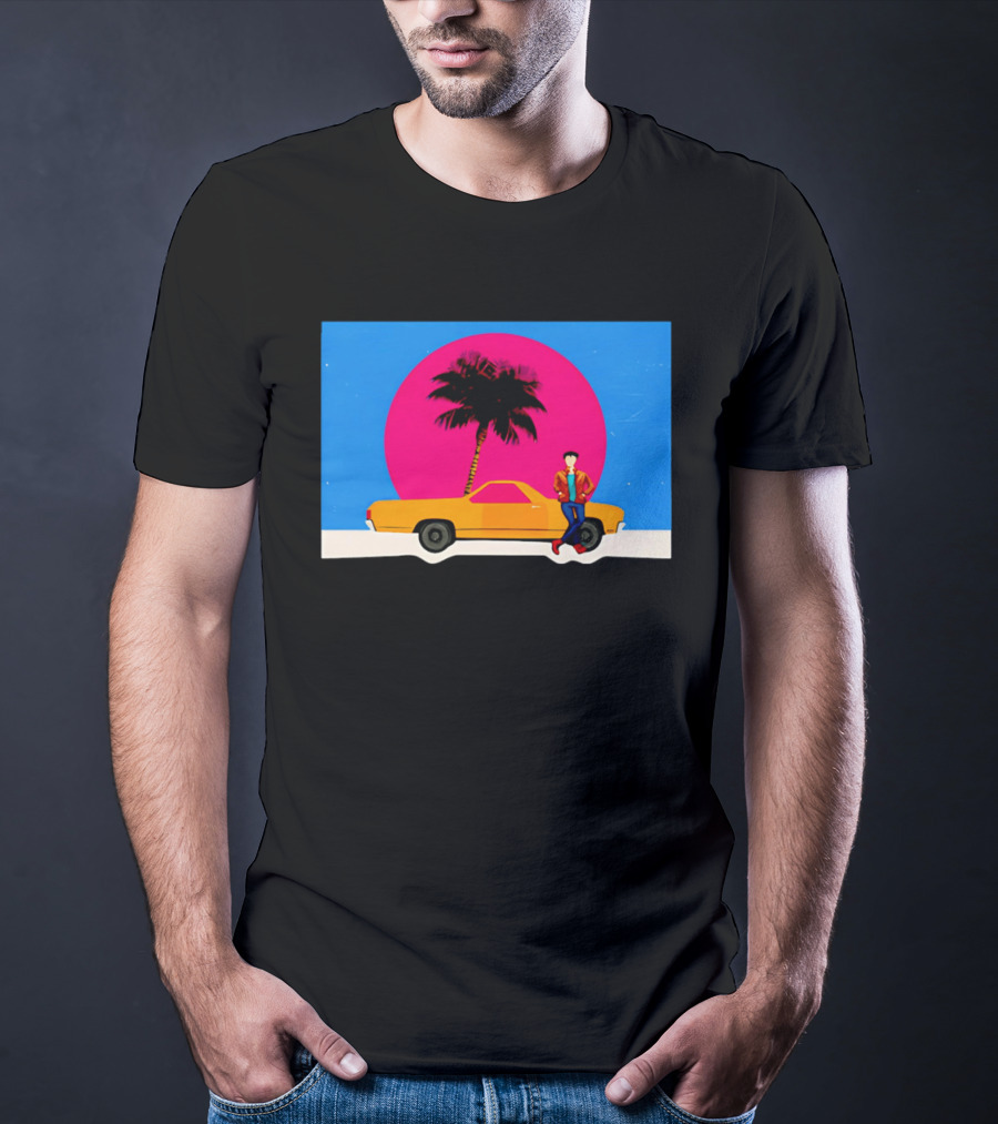 Yellow Car Palm Tree Retro Sunset Aesthetic T-Shirt